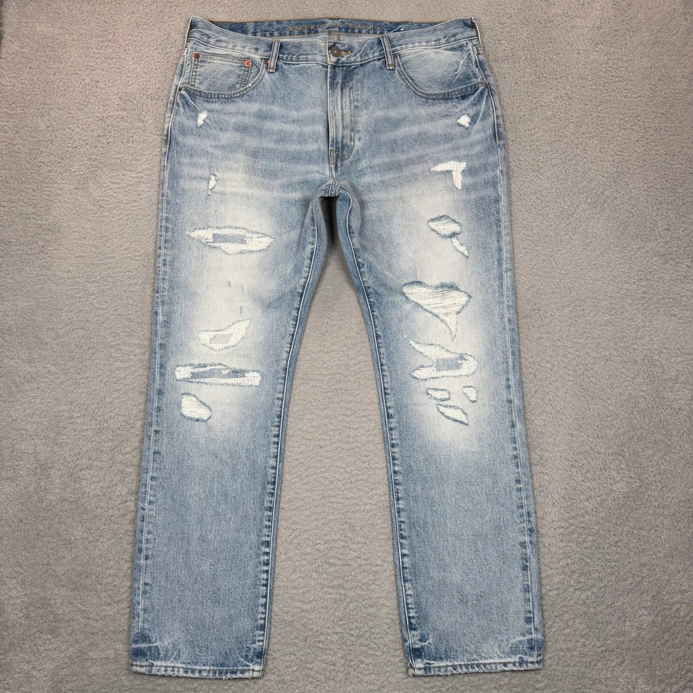 American Eagle Slim Straight Distressed Light Wash Blue Jeans Mens 38x32